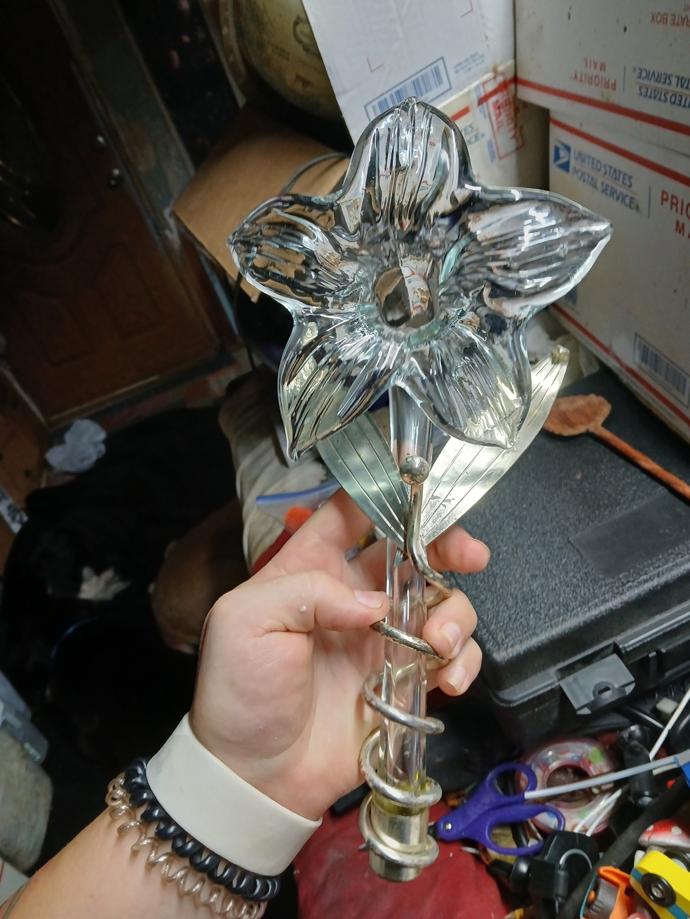 vintage Oneida silverplate and hand-blown glass lily bud vase.